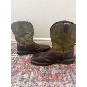 Justin‎ Steel Toe Cowboy Work Boots Brown Green Leather Square Toe Mens 11D